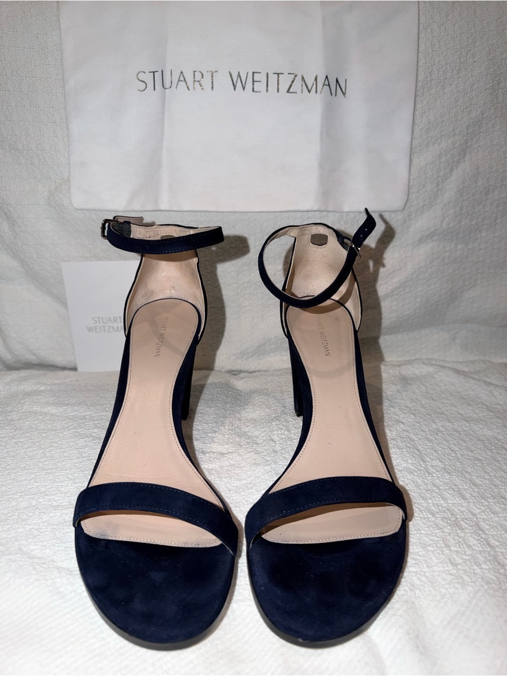 Stuart Weitzman Navy Nearly Nude Suede Sandals, WIDE WIDTH!